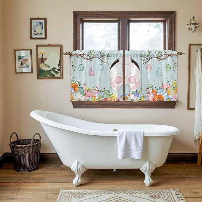 Easter Bunny Kitchen Tier Curtains 36 Inch Long 2 Panel Set, Rod Pocket Half
