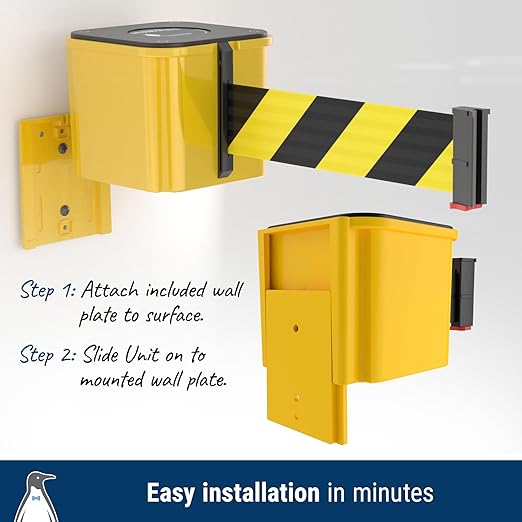 WM412 Retractable Belt Wall Mounted Yellow Crowd Control Barrier and Receiving End, 25' Danger Keep Out Belt