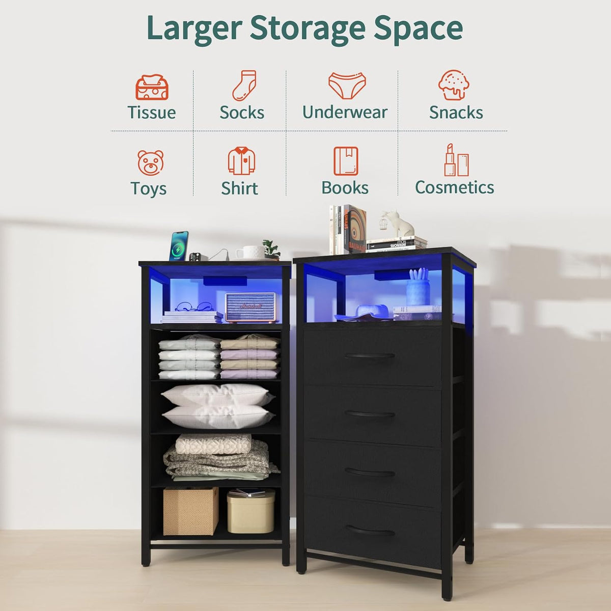 Yoobure Night Stand - Black Nightstand with Charging Station, Small Dresser