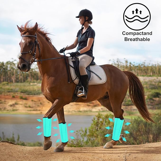 FOXLVDA Horse Fly Boots - Fly Boots for Horses Set of 4, Comfortable Horse Leggings, Mesh Material Design with Metal Support Bars for Reduces Stomping & Leg Fatigue (Green, Large)