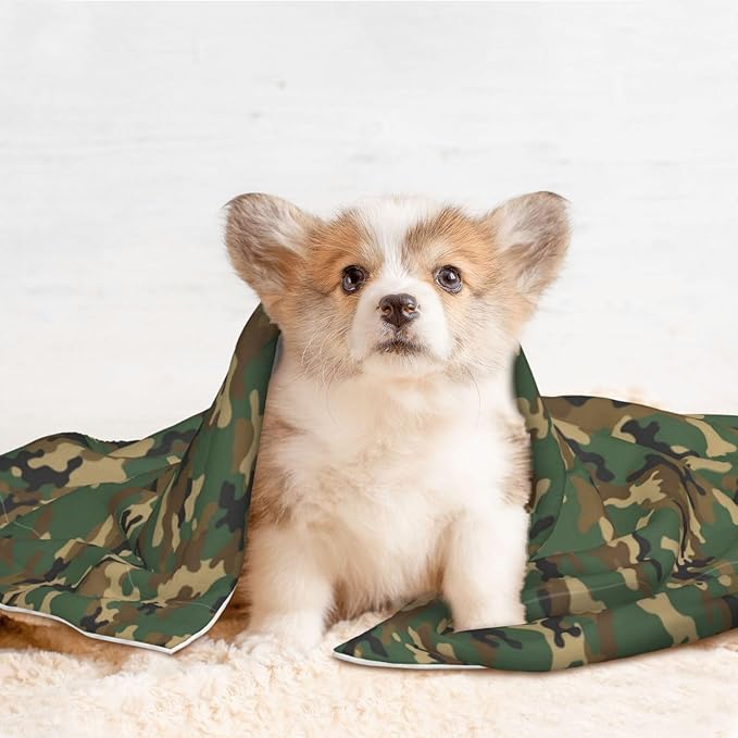 Two Sided Plush Pet Blanket for Warmth Comfort, Green Camouflage Army Camo, Reversible Throw with Cozy Nubby Side for Chilly Nights Napping Spots Around House