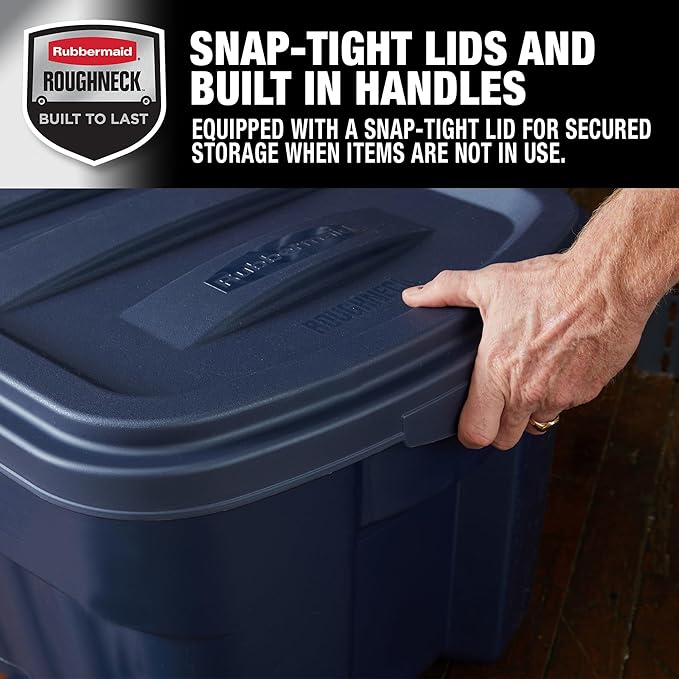 Rubbermaid Roughneck Tote 50 Gal, 2 Pack, Made in USA, Dark Indigo Metallic, Rugged Plastic Stackable Storage Bins with Lids and Handles