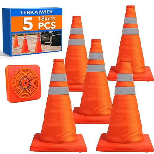 [5 Pack]18 Inch Collapsible Traffic Safety Cones - Parking Cones with Reflective Collars, Orange Safety Cones for Parking lot, Driveway, Driving Training etc