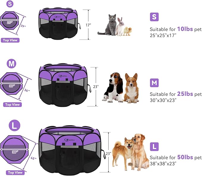 Dog Playpen, Puppy Pet Playpen, Dog Crate Tent Cage Indoor/Outdoor, Portable Pop Up Dogs Kennel Playpen with Carrying Case for Dogs/Cats/Rabbits, Purple, Medium