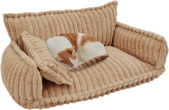 Pet Couch Bed for Dog and Cat, Plush Calming Couch for Pets with Removable Washable Cover, Modern Sofa Style Pet Bed for Home Living Room (Camel Color)