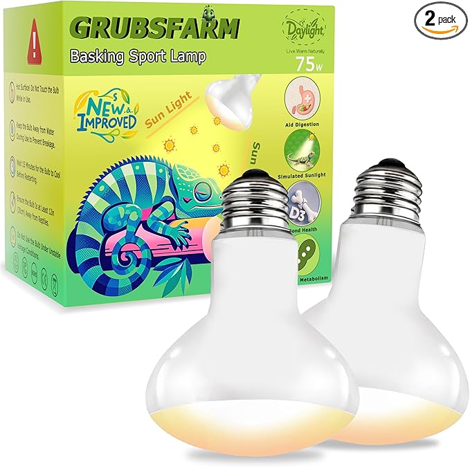 UVA Reptile Heat Lamp Bulb 75W - Ideal Basking Light for Bearded Dragons, Lizards, Chicks & Amphibians, Simulated Sunlight for Terrariums, Promotes Healthy Bone & Immune System | 2 Pack