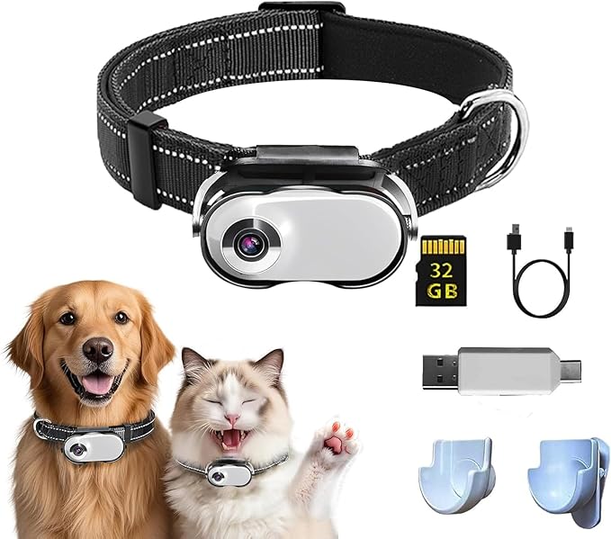 Dog Camera Collar, HD 1080P with Video Record Wireless Mini Sport Cam,Small Action Cameras,Body Camera for Pet Supplies/No WiFi, Indoor/Outdoor/with 32GB High-Speed Memory Card