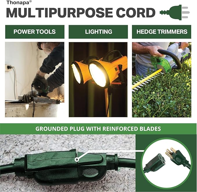 Weatherproof Green Extension Cord 10 ft, 2 Pack, 16/3 SJTW Water Resistant Outdoor Extension Cord 10 Foot 3 Prong, 13 AMP Electric Cable for Outside, Outdoor Lights & Landscaping