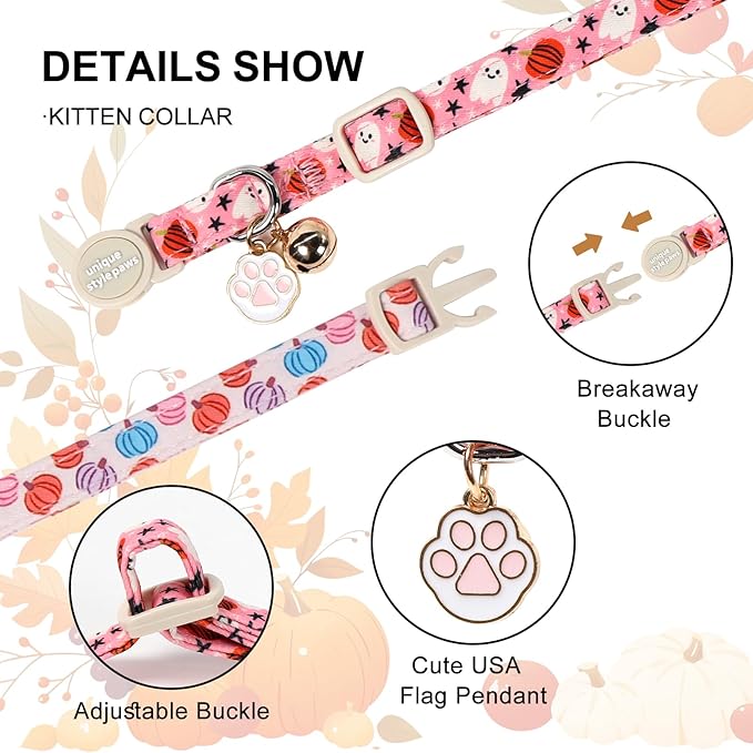 Unique Style Paws Halloween Cat Collar,Cute Cat Collars with Pumpkin Pattern,Pumpkin Kitten Collar with Breakaway Buckle,Ideal Gift for Boy Girl Cats