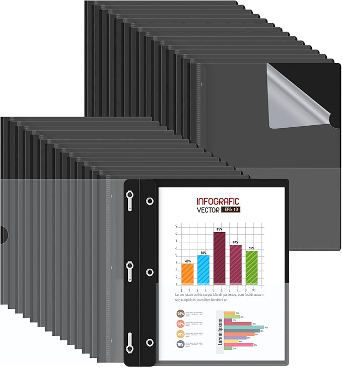 HAUTOCO 30 Pack Plastic Report Covers with 3-Prong Fasteners Clear Front Presentation Folders Resume Folders for 8.5x11 Letter Size Paper, Document Report Cover for School Office Business, Black