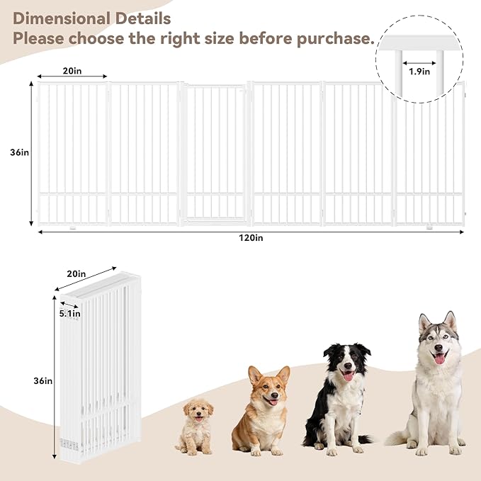 Full Metal Freestanding Dog Gate with Door, 36''Height Foldable Pet Dog Fence for Indoor & Outdoor, 6 Panels Extra Wide Free Standing TallDog Gates for Doorways,House,Stairs,Porch,Deck,Yard