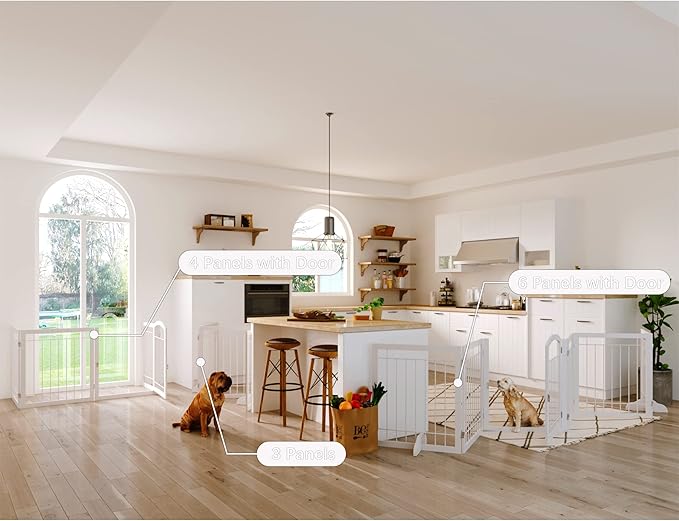 JSB 144-inch Extra Wide 30-inch Tall Dog gate with Door Walk Through, Freestanding Pet Gate for Halls, Stairs & Home, Pet Puppy Safety Dog Fence with 2PCS Support Feet (White)