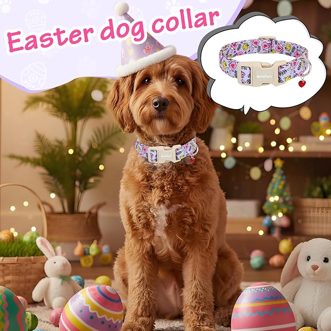 Easter Dog Collar for Mediuml Dogs, Easter & Spring Theme Medium Dog Collar with Cute Chick & Bunny Pattern, Adjustable Purple Easter Dog Collars Girl Boy Collar for Dogs -M