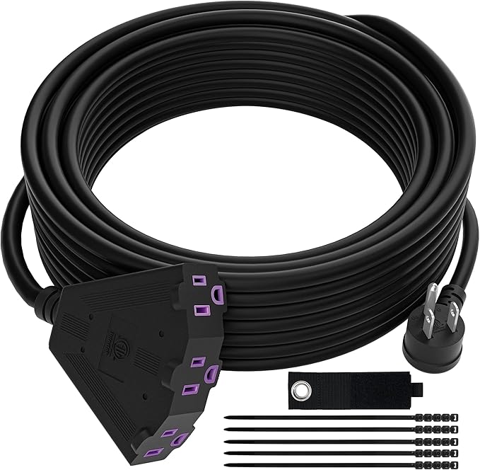 Outdoor Extension Cord 35 FT with 3 Outlets, 3 Prong 90 Degree Angled Plug, 12/3 Heavy Duty 12 Gauge Power Cable, 12AWG, SJTW, 15A, 125V, 1875W, ETL Listed, Black Wire, with Free Carrying Strap+Ties