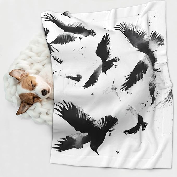 Waterproof Dog Blanket Soft Pet Blanket for Puppy Cat, Fleece Cat Throw Blankets for Furniture Bed Couch Sofa Reversible - Monochrome Flying Ravens