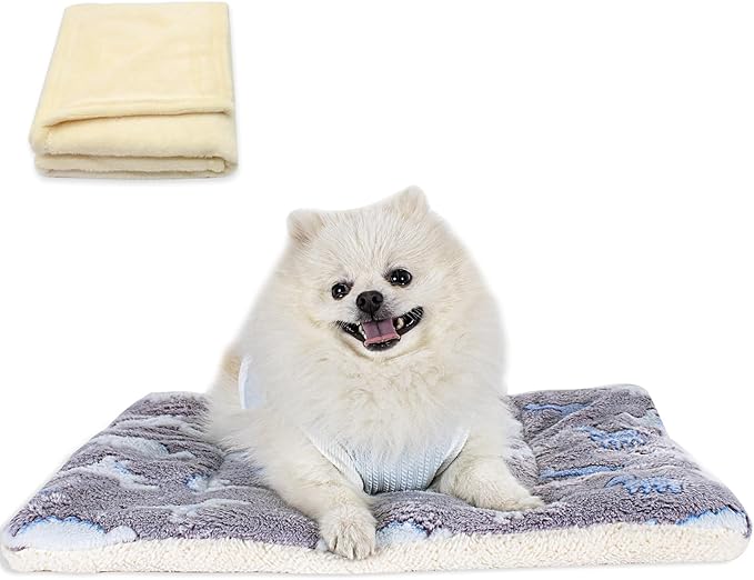 Cat Dog Bed Mat & Blanket, Reversible Pets Crate Pad Bed Mat and Ultra Soft Warm Fleece Calming Blanket for Small Puppy Kitty, Washable