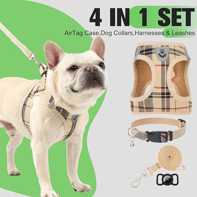 EXPAWLORER Plaid Small Dog Harness and Leash Set with AirTag Holder - Soft Padded Step in Dog Vest Harness Medium Sized Dog, No Pull Reflective Puppy Harness, Collar and Leash for Walking, Khaki XXS