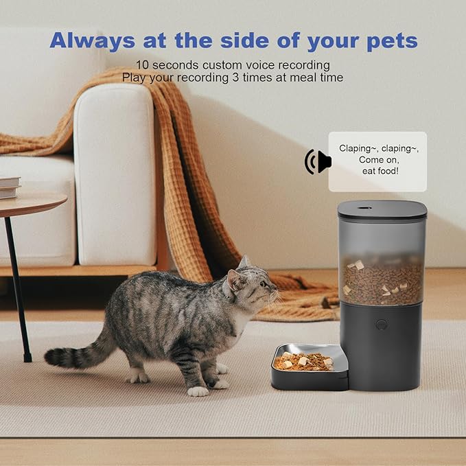 Automatic Cat Feeder, Cat Food Dispenser with 10s Voice Recorder, Pet Feeder up to 8 Meals per Day, Timed Feeder with Dry Food Sealed Ring (Black, 6L)