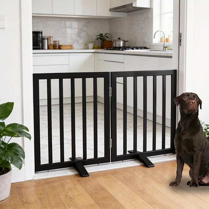 Dog Gate Indoor, Freestanding Dog Fence for The House, Doorways, Hallways,or Stairs,Pet Gate Foldable Wooden,Expandable 24" Height 2 Panels,Black