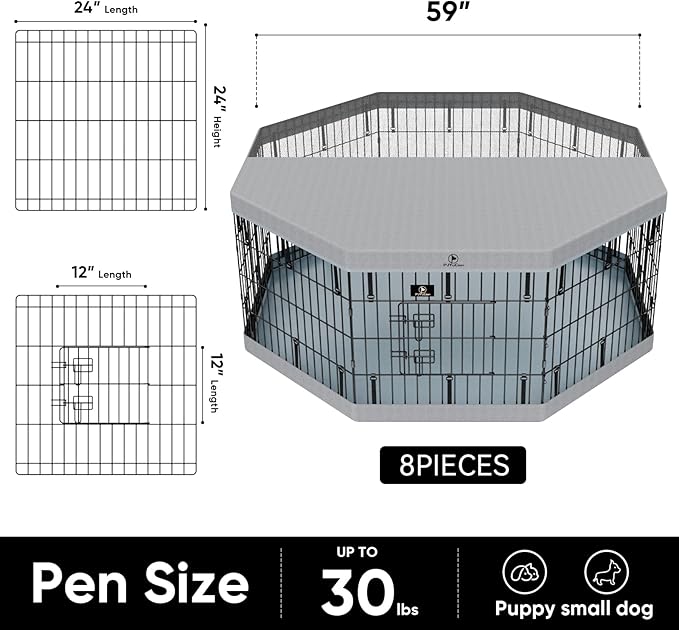 PJYuCien Dog Playpen with Top Cover and Bottom Pad - Metal Foldable Exercise Pen, 8 Panels 24" H x 24" W Indoor Outdoor Pet Fence Puppy Crate Kennel, Gray