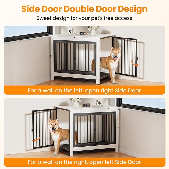 Dog Crate Furniture, 38 Inch Indoor Dog Kennel for Medium Dogs Up to 50 LBS, Heavy Duty Wooden Pet Cage End Table with 3 Doors, Alloy Steel Frame & Removable Tray