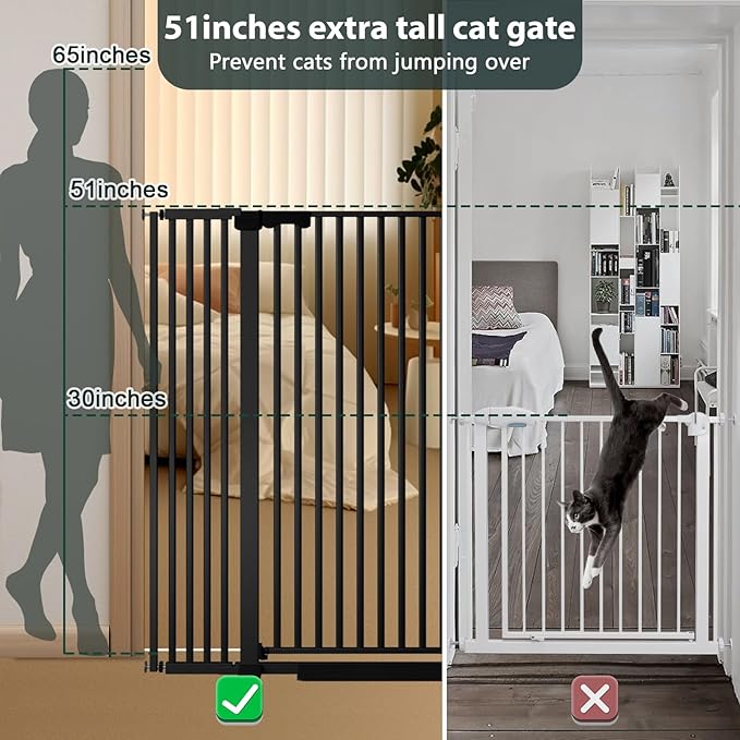 51'' Extra Tall Cat Gate for Doorways Hallways 30-40.9'' Wide, Pressure Mounted Pet Dog Gates No Drilling Auto Close, Cat Fence Barrier Indoor Climb Proof (Black)