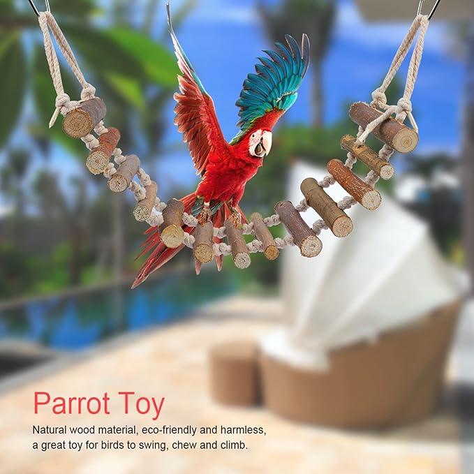 Joyzan Rope Ladder Bird Toy, Wood Stairs Climbing Activity Attachment Natural Wooden Step Swing Hanging Chewing Pet Bridge Cage Birdcage Lovebirds Rodent Parakeet Parrot Cockatiel Gecko Hermit Crab