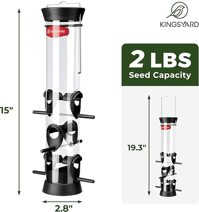 Kingsyard 2 Pack Tube Bird Feeder for Outdoors Hanging, Removable Base and Perch, 6 Feeding Ports - Easy to Clean, Premium Hard Plastic, Attracting for Finches Cardinals (Black)