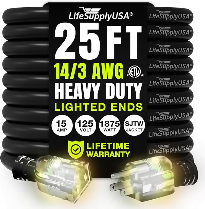 25ft Outdoor/Indoor Extension Cord 14/3 Gauge Heavy Duty 3 Prong SJTW, Waterproof, ETL Listed, Flexible Cold-Resistant Long Power Cord,15A 125V 1875W, Black by LifeSupplyUSA