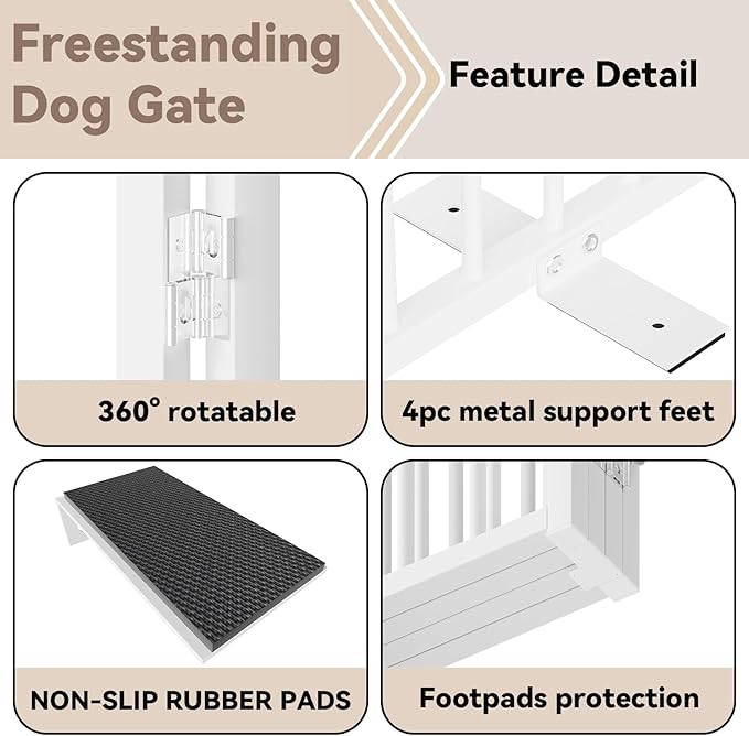 Full Metal Freestanding Dog Gate with Door, 32''Height Foldable Pet Dog Fence for Indoor & Outdoor, 8 Panels Extra Wide Free Standing TallDog Gates for Doorways,House,Stairs,Porch,Deck,Yard