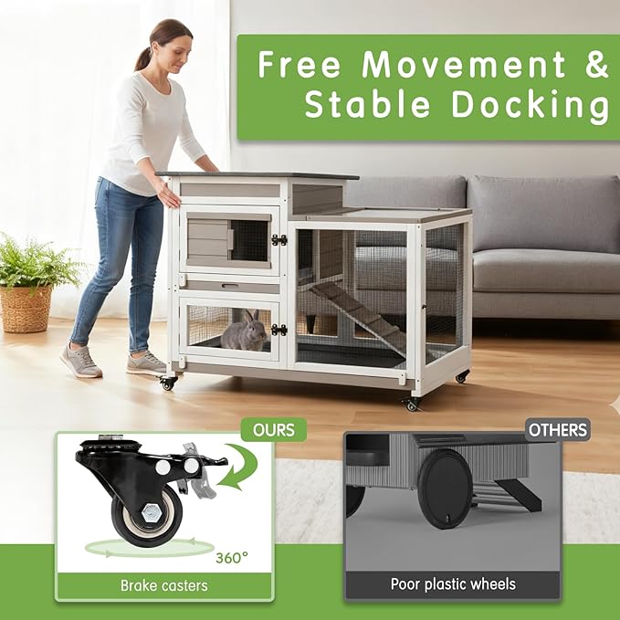 Rabbit Hutch Indoor Outdoor Wooden Bunny Cage with Wheels Removable Two Trays Guinea Pig Cages Waterproof Roof
