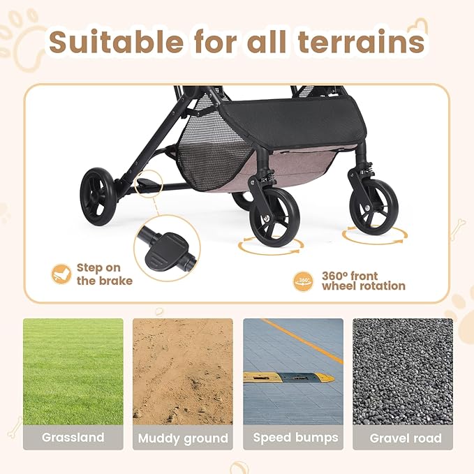 Wdyvko 3 in 1 Dog Stroller, Upgraded Frame, Up to 44lbs Pet Stroller with Dog Poop Bags & Dispenser, Zipperless Entry, Storage Basket & Pouch for Small Dogs Cats (Coffee)