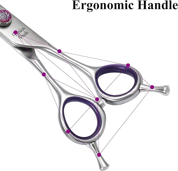 Fenice Peak 7'' Chunker Dog Grooming Scissors with Purple Finger Rings and Flashing Screw Professional 440C Stainless Steel Natural Color Pet Thinning Shears with Offset Handle Durable and Sharp