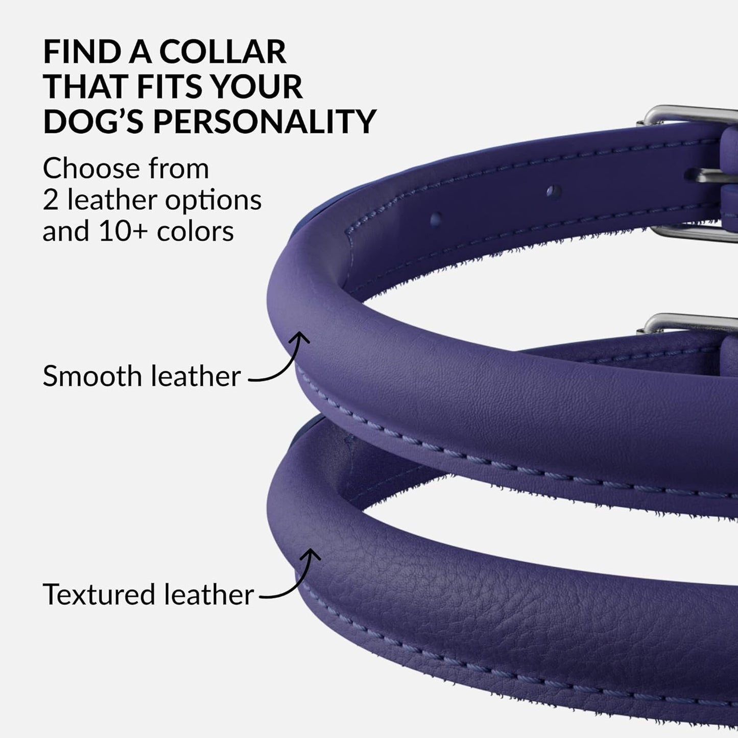 CollarDirect Rolled Leather Dog Collar, Soft Padded Round Puppy Collar, Handmade Genuine Leather Collar Dog Small Large Cat Collars 13 Colors (15-19 Inch, Purple Smooth)