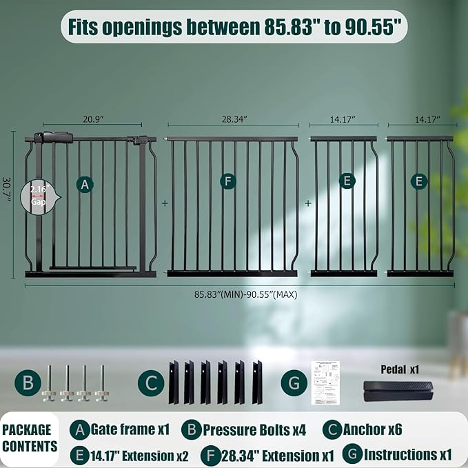 Heavy Duty Baby & Dog Safety Gate, Extra Wide 85.8-90.5 Inch,Black Metal, Pressure Mounted No Drilling Pet Gate for Large Openings