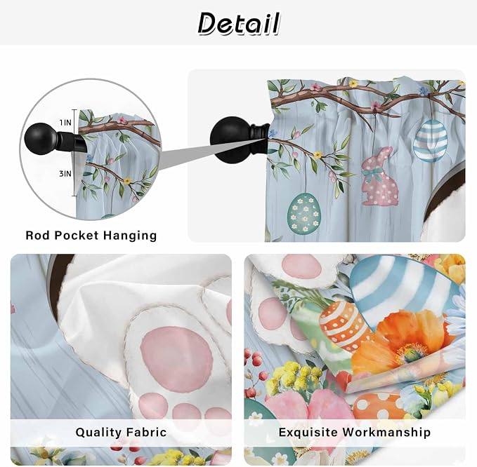 Easter Window Curtains 63 Inch Long 2 Panel Set, Rod Pocket Bedroom Curtains &
