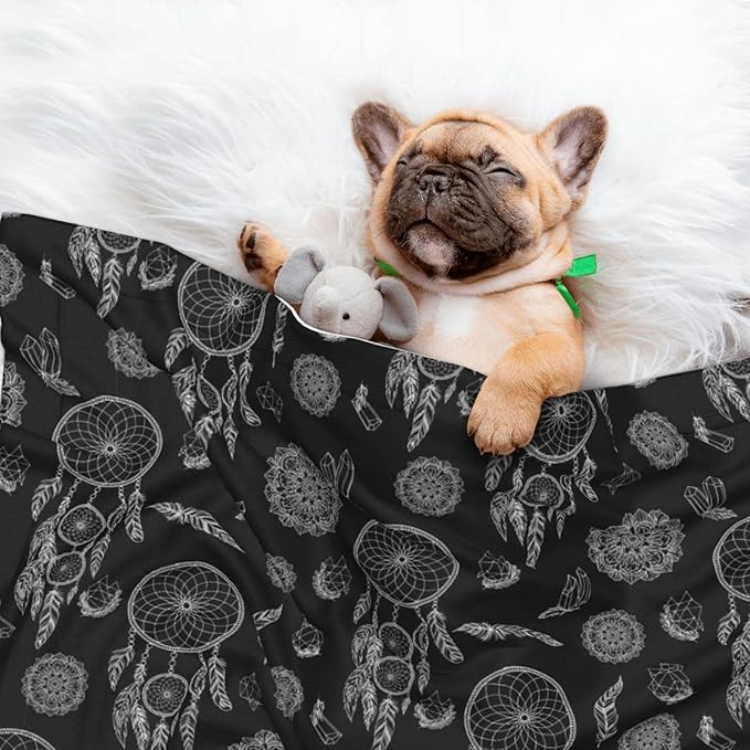 Reversible Dog Blanket for Beds Couches, Black and White Mysterious Dream Catcher, Double Sided Cat Blanket with Textured Dot Feel and Smooth Feel for Seasonal Comfort All Year