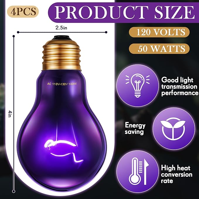 Retisee 4 Pack 75W Reptile Night Heat Lamp Simulate Moonlight Heat Bulb Purple Lamp Reptile Night Heat Bulb for Bearded Dragon Lizard Snake Chameleon Turtle Amphibians