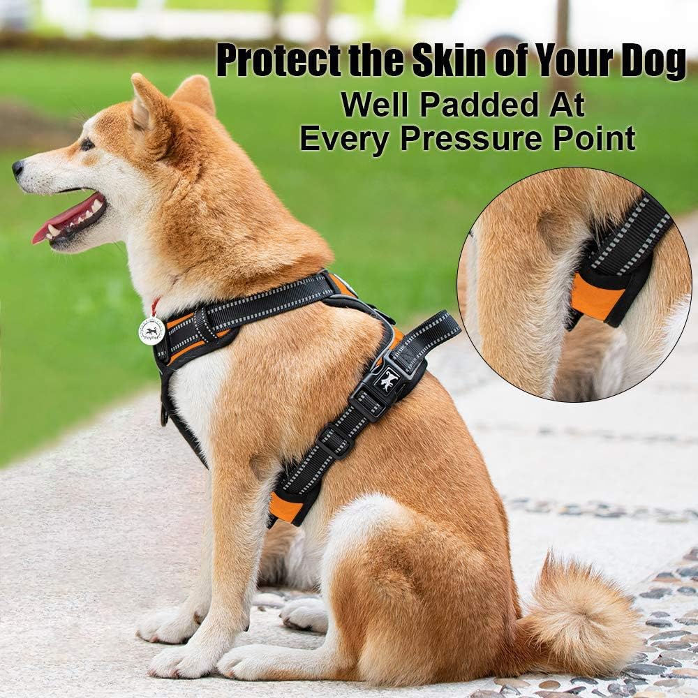PoyPet No Pull Dog Harness, Reflective Comfortable Vest Harness with Front & Back 2 Leash Attachments and Easy Control Handle Adjustable Soft Padded Pet Vest for Small to Large Dogs (Orange,L)
