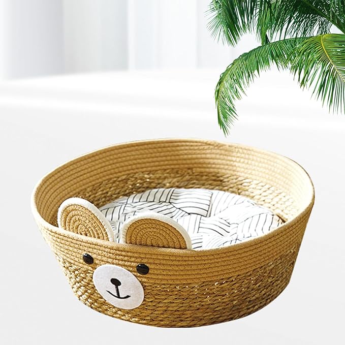 Pet Bed Woven Basket with Detachable Cushion Cartoon Bear Theme Bed Dog Detachable Cushion Nest Pet Furniture