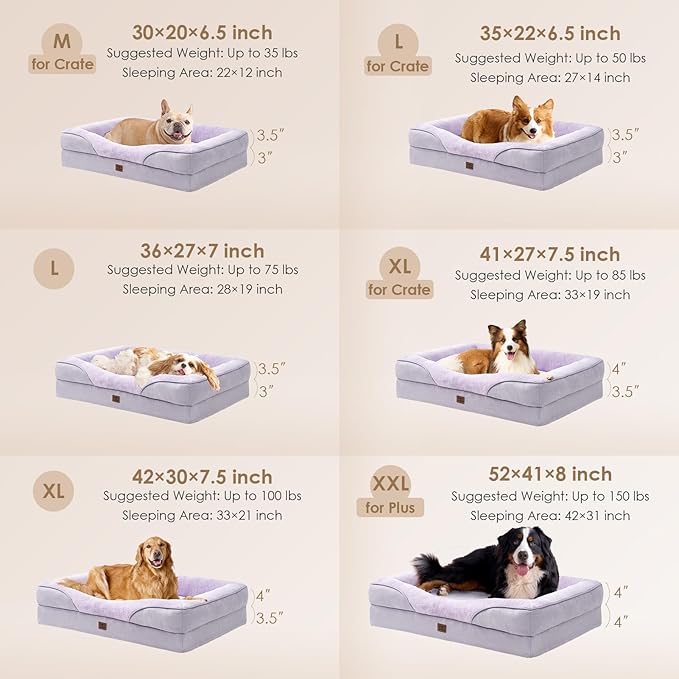EHEYCIGA Orthopedic Dog Bed for Large Sized Dog, 36x27x7 Inch Large Memory Foam Dog Couch Bed with Sides, Waterproof Liner & Washable Removable Cover, Bolster Pet Sofa, Purple