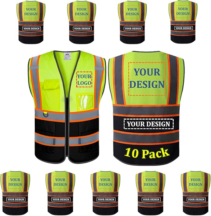 BeautyWill 10 Pack Custom Safety Vest Customized Logo Mesh Vest Class2 High Visibility Reflective Vest with Pockets Workwear（Yellow Black，M ）