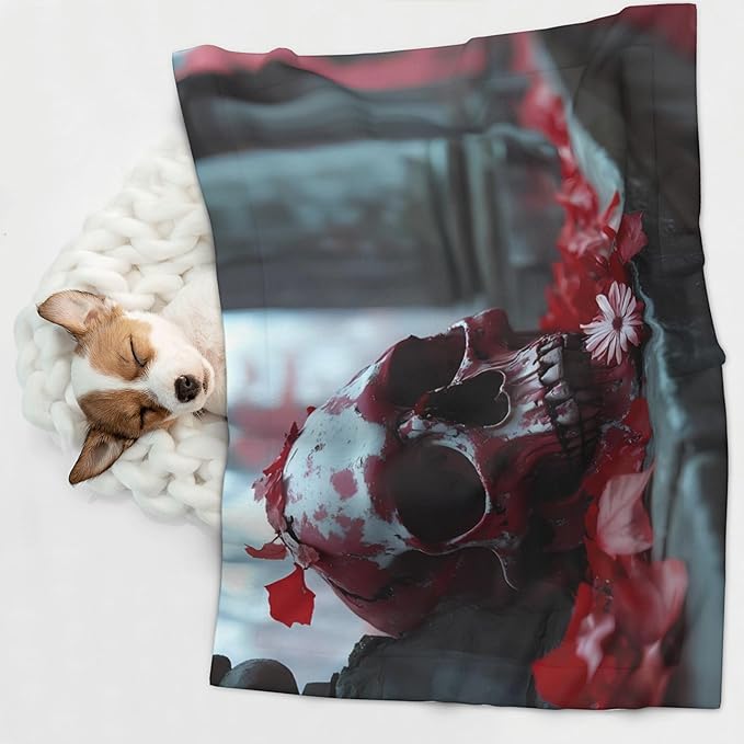Waterproof Dog Blanket Soft Pet Blanket for Puppy Cat, Fleece Cat Throw Blankets for Furniture Bed Couch Sofa Reversible - Gothic Red Skull Cemetery