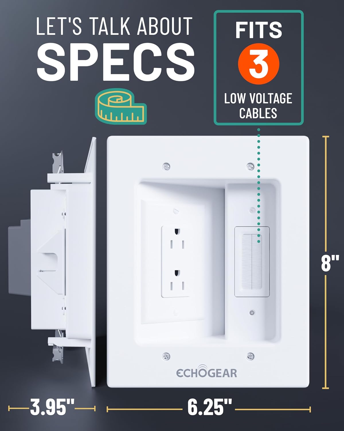ECHOGEAR TV Cord Hider for Wall Mounted TV – Dual Outlet in-Wall Cable Management Kit for Power & Low Voltage Cables – Includes 6.25”L x 8”H x 3.95”D Module, Wall Template, Saw, 6ft Extension Cord