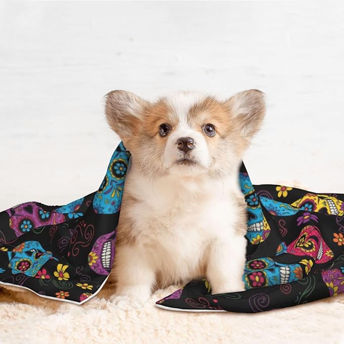 Reversible Pet Blanket for Easy Cleaning Maintenance, Sugar Skulls, Double Sided Plush Dot Design Means Double Use Between Washes for Convenience