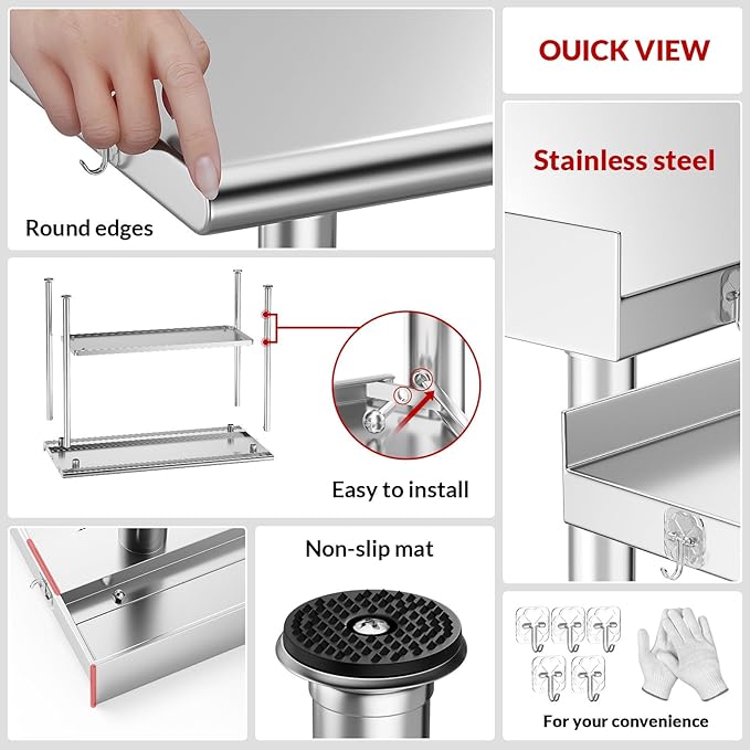 Stainless Steel Prep Table for Work, 24 * 36 Inch, High Load Bearing with Rounded-Corner Backsplash and Undershelf for Outdoor, Restaurants, Workshops, Kitchens, Garages and Gardens