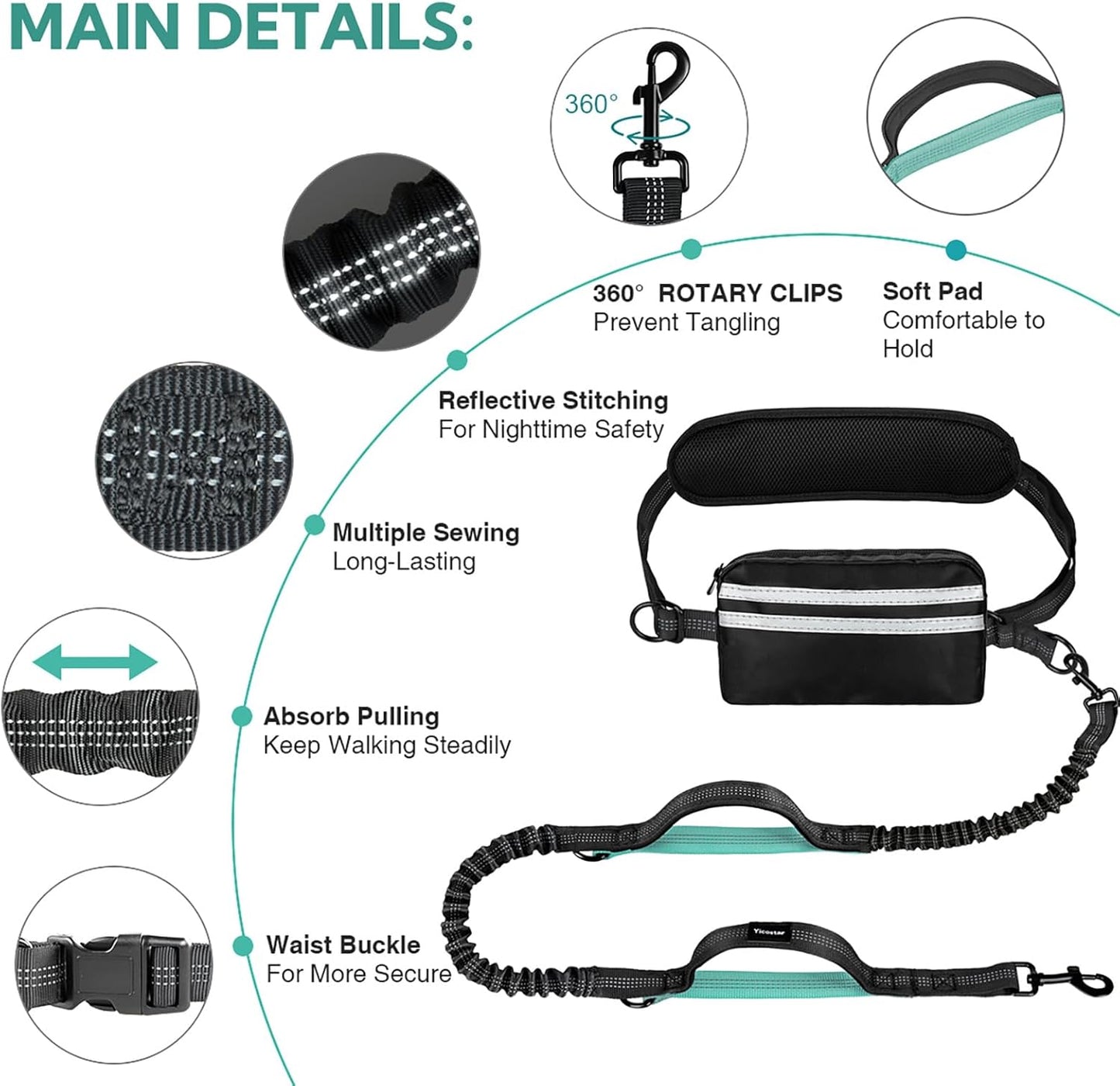 Hands Free Dog Leash with Pouch, Double Leash for Two Dogs, Retractable Bungee with Double Padded Handles, Waist Leash for Dog Walking, Running Leash for Dogs, Dog Walking Accessories