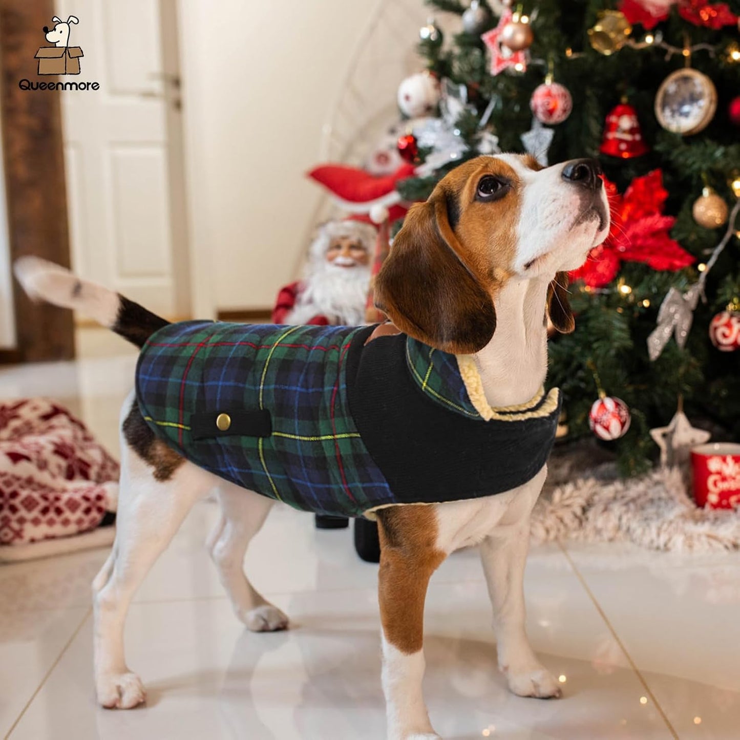Queenmore Dog Winter Coat Warm Dog Jacket for Cold Weather, Quilting Puffer Plaid Coats for Small/Medium Dogs Waterproof,Girl/Boy Pet Christmas Coat,Pet Snowsuit with Leash Hole/Fleece Padding, XL