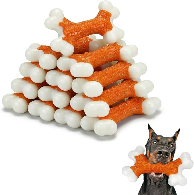 10-Pack Indestructible Dog Toys for Aggressive Chewers: Peanut Butter Flavored Hard Nylon Bone Chew Toys, Tough Dog Chew Toys, Dog Toys to Keep Them Busy for Medium Large Dogs, Orange