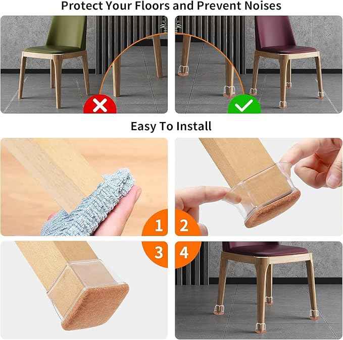 Ezprotekt 24 Pcs XL Square Clear Chair Leg Floor Protectors, Silicone Felt